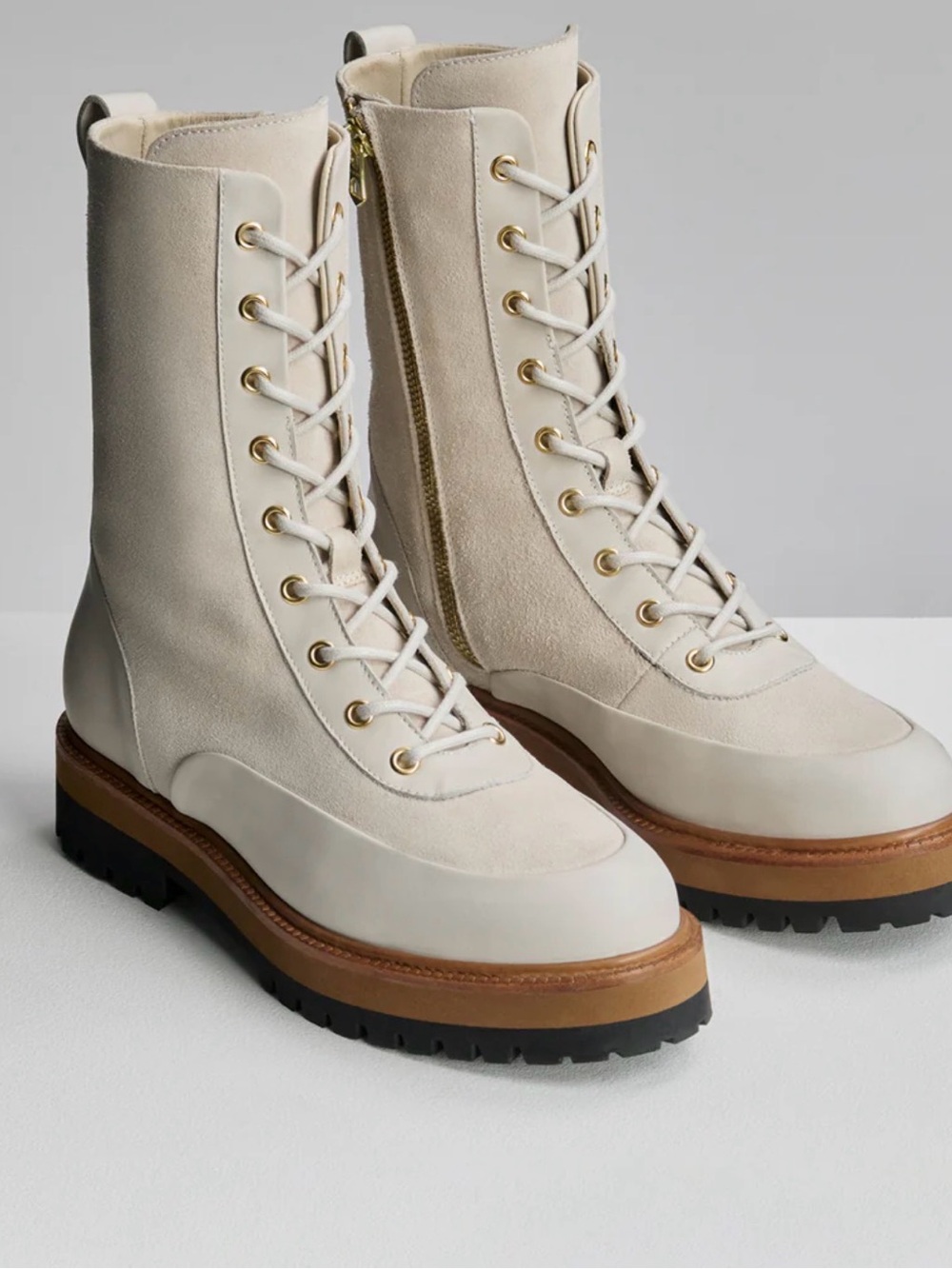 Women’s Lace-Up Cream Combat Boots with Lug Sole